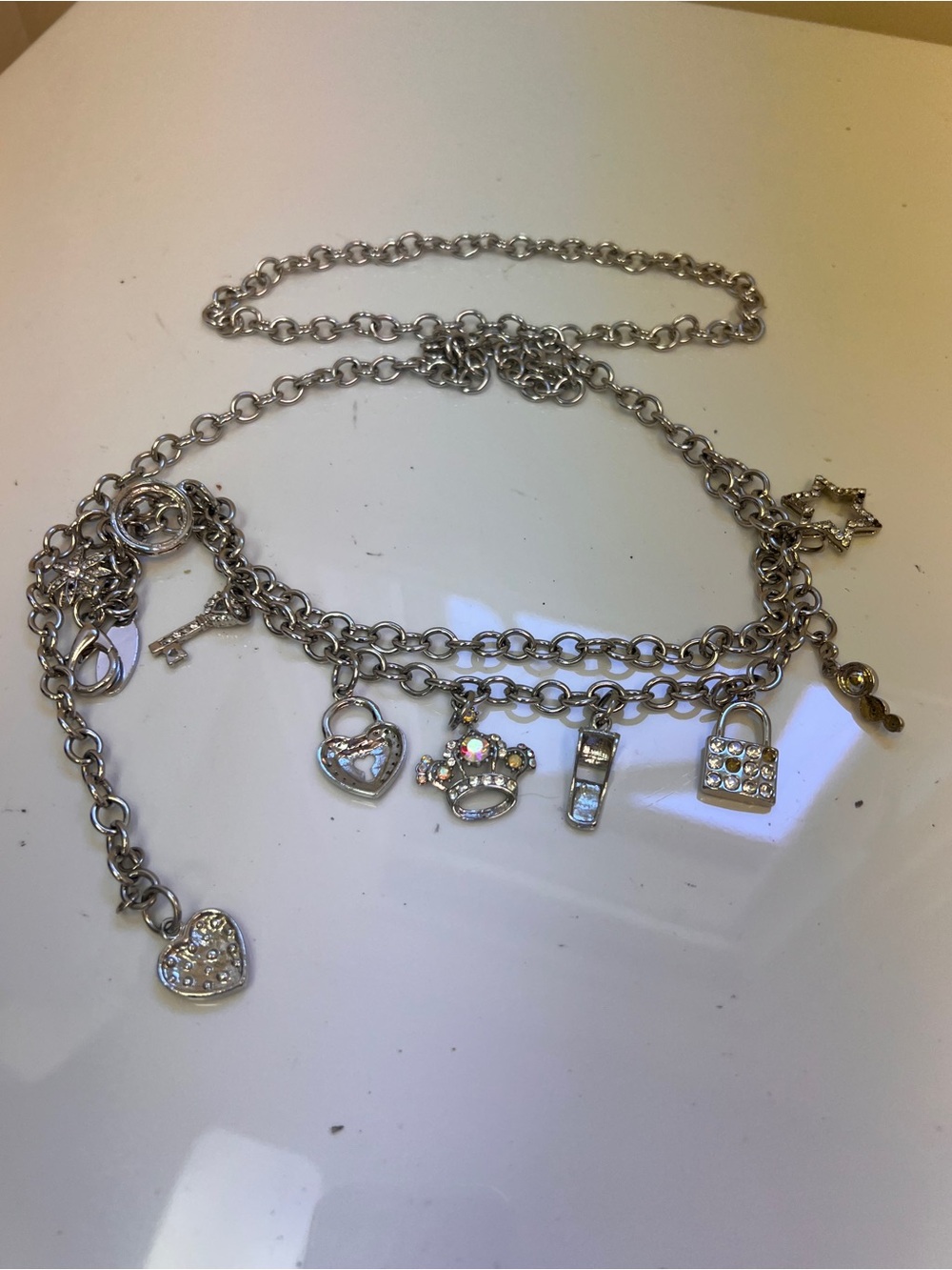 Silver Charm Layered belt with Heart, Crown & Lock Charms